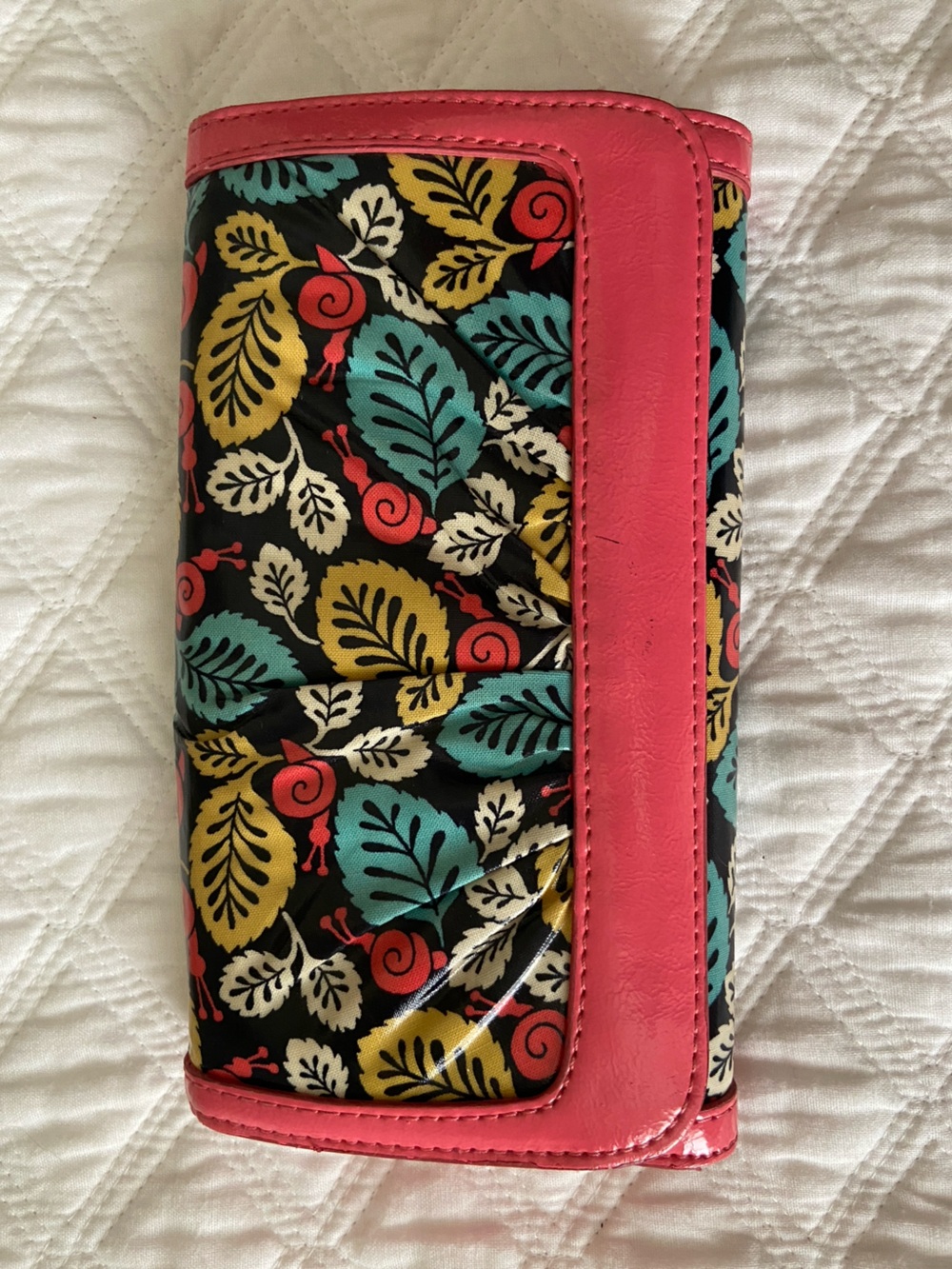 Vera Bradley Pink Trim Fold-Over Clutch with Multicolor Leaf Print